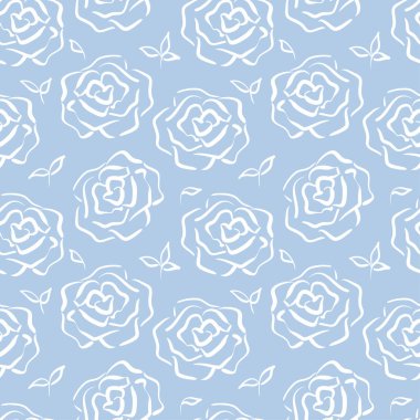 Çizim tarzında güllerle kusursuz bir desen. Mavi arka planda beyaz güllerin basit siluetleri. Çiçek dokusu. Tekstil, duvar kağıdı, ambalaj ve ambalaj kağıdı için mükemmel. Vektör illüstrasyonu