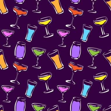 İçkili bardaklar tuhaf, pürüzsüz desenli. Koyu arkaplanda renkli sıvılar bulunan farklı cam kadehler koleksiyonu. Mutfak tekstili ve ambalaj kağıdı için mükemmel. Vektör illüstrasyonu.