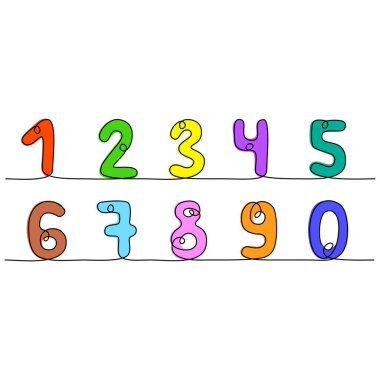 Devamlı çizgi çizimi. Komik renkli sayılar. Beyaz arkaplanda izole edilmiş basit renk vektör illüstrasyonu.