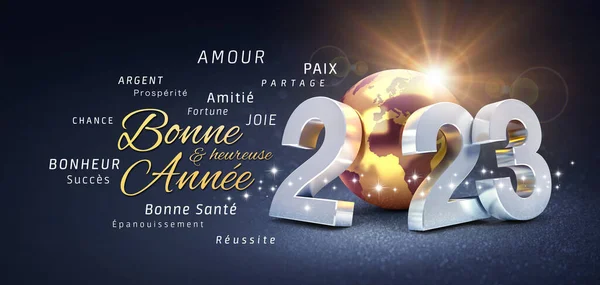 2023 New Year date number, composed with a gold colored planet earth, greetings and best wishes in French language, on a festive black background - 3D illustration