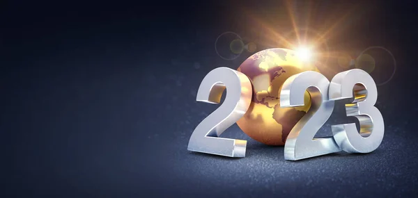 Šťastný Nový Rok 2023 Blahopřání Stříbrná Data Čísla Zlatou Zeměkoulí — Stock fotografie