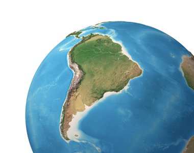 Dünya gezegeninin yüksek çözünürlüklü uydu görüntüsü, Güney Amerika, Amazon yağmur ormanları, Andes Cordillera - 3 boyutlu illüstrasyon, NASA tarafından desteklenen bu görüntünün elementleri.