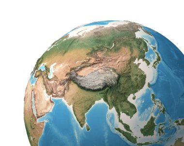 Dünya gezegeninin yüksek çözünürlüklü uydu görüntüsü, Asya, Rusya, Çin, Hindistan, Himalaya üzerine odaklanmış - NASA tarafından desteklenen 3 boyutlu illüstrasyon, bu görüntünün elementleri.