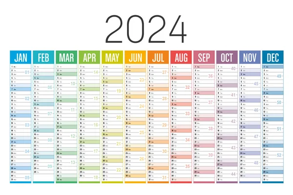 Έτος 2024 Πολύχρωμο Ημερολόγιο Λευκό Φόντο Πρότυπο Διανύσματος — Διανυσματικό Αρχείο
