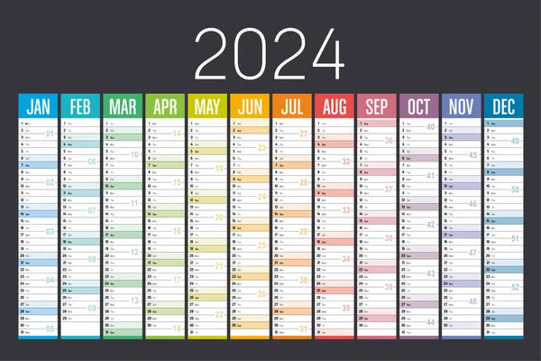 Year 2024 Colorful Calendar Dark Background Vector Template — Stock Vector