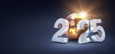 Mutlu yıllar 2025 tebrik kartı, en iyi dilek tarihleri altın dünya küresi, siyah arkaplan