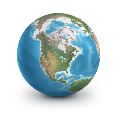 Fiziksel detaylar Amerika ve Grönland 'a odaklandı, ABD Kanada' ya. Dünya gezegeni, beyaz üzerine izole edilmiş - 3 boyutlu illüstrasyon, NASA tarafından desteklenen bu görüntünün elementleri.