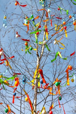 Mavi gökyüzü arka planında geleneksel Çek Paskalya Ağacı.