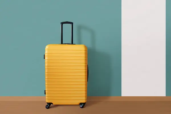 Nieuwe Gele Koffer Tegen Muur Reizen Vakantie Concept Stockafbeelding