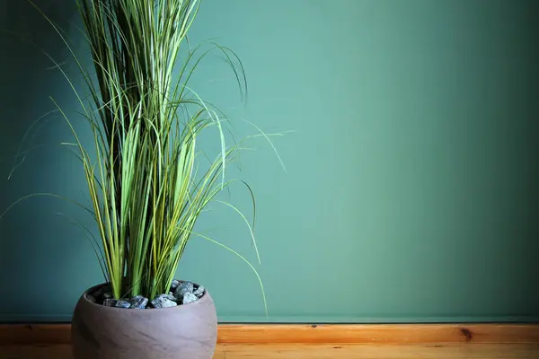 Künstliche Heimpflanze Auf Grünem Wandhintergrund Platz Für Ihren Text Stockbild