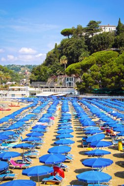 Mavi güneş şemsiyeli popüler kumlu sahil manzarası. Lerici, Liguria, İtalya 07.08.2024