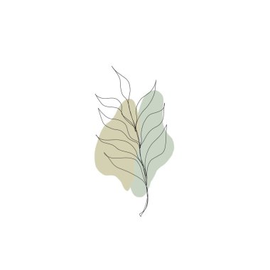 Asgari çizgi çizimi. Yaprak çizgisi sanatı. Elle çizilmiş botanik çizimi. Kartpostal için güzel bir fikir, bir kartpostal. Posterler, duvar sanatı gibi ev dekorları için. Botanik Katılım Çizimi