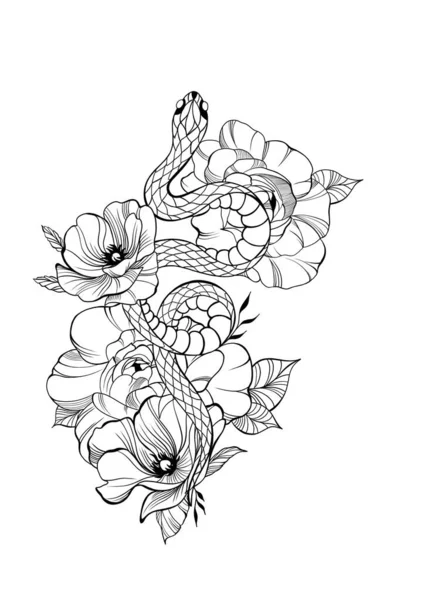 Tattoo snake with flowers detailed sketch. Traditional Tattoo Old School Tattooing Style Ink. Snake silhouette illustration.