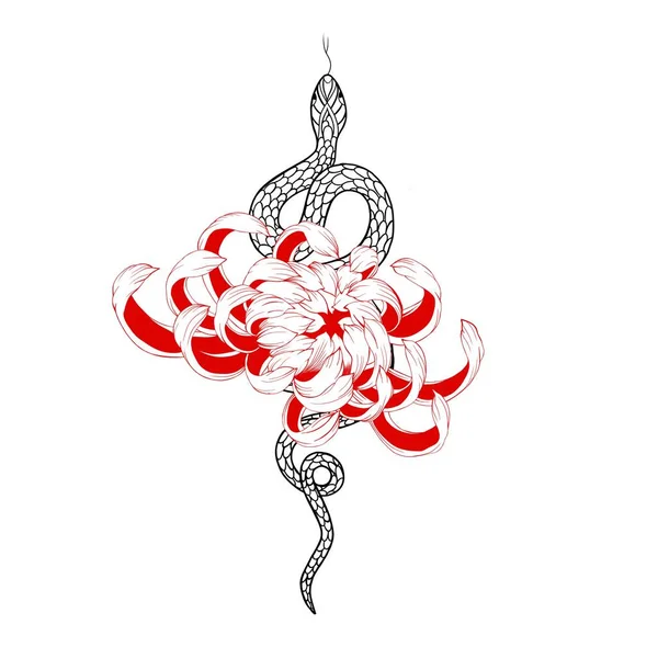 蛇形和红色菊花的详细纹身草图 传统的鞑靼老派鞑靼风格墨水 蛇形轮廓图解 — 图库照片