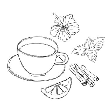Çay koleksiyonu - limonlu bir fincan çay, nane yaprağı, tarçın ve ambar, çizgi sanatı