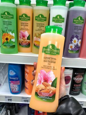 23.01.2023 Ukraine, Kharkiv, a shelf in a store with hair shampoos. Hair care