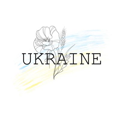 Stop the war in Ukraine. Ukrainian yellow-blue flag poppy flower and spikelet of wheat. Glory to Ukraine - patriotic line art tattoo