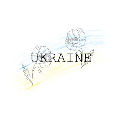 Stop the war in Ukraine. Ukrainian yellow-blue flag and poppies. Glory to Ukraine - patriotic line art tattoo