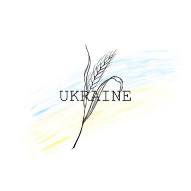 Stop the war in Ukraine. Ukrainian yellow-blue flag and Spikelet of wheat. Glory to Ukraine - patriotic line art tattoo