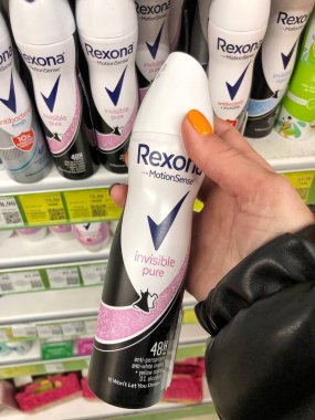 22.01.2023 Ukraine, Kharkiv, a shelf in a supermarket with deodorants of the Rexona brand