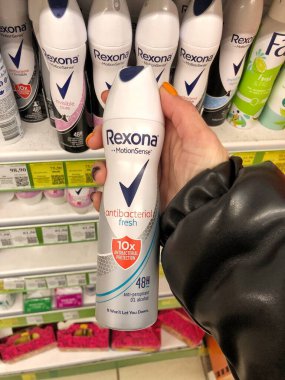 22.01.2023 Ukraine, Kharkiv, a shelf in a supermarket with deodorants of the Rexona brand