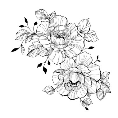 Composition of peonies with leaves. Technique - black and white graphics. Outline drawing, line drawing. Suitable for tattoo sketch. 