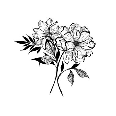 flowers in line art style. Black and white line illustration of daisy flowers on a white background. Line art botany tattoo
