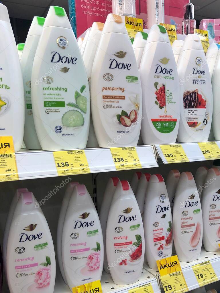 12.03.2023 Ukraine, Kharkov Large range of Dove brand shower gels on the shelves of a cosmetic store