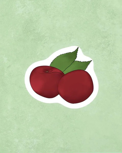 Delicious fresh ripe cherry fruit flat illustration design. Printable cherry sticker. Healthy vegetarian food. Sticker in cartoon style with contour.