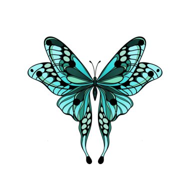 İzole edilmiş beyaz arka planda yeşil kelebek. Tişörtler, not defterleri ve kapaklar üzerindeki çizimlerin çizimi