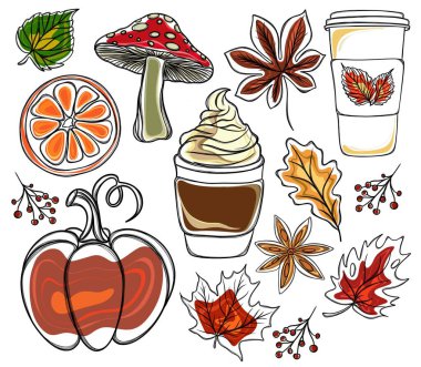 Büyük bir sonbahar çıkartması seti. Tişörtlere baskı şablonu. Sonbahar elementlerinin serbest çizimi
