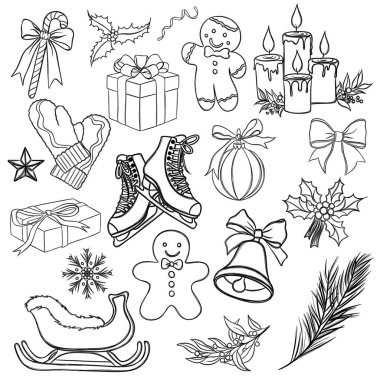 Çizgi film stiliyle yılbaşı çıkartmaları. Tatil Yapıştırması Serbest El Çizimi