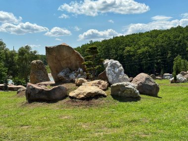Sıra dışı kaya oluşumları ve süs ağacıyla sahne taşı parkı, Ukrayna 'nın Harkiv kenti yakınlarında doğal bir cazibe merkezi.