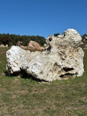Büyük kaya oluşumları ve Ukrayna 'nın Harkiv kentindeki manzaralı doğal taş parkı..