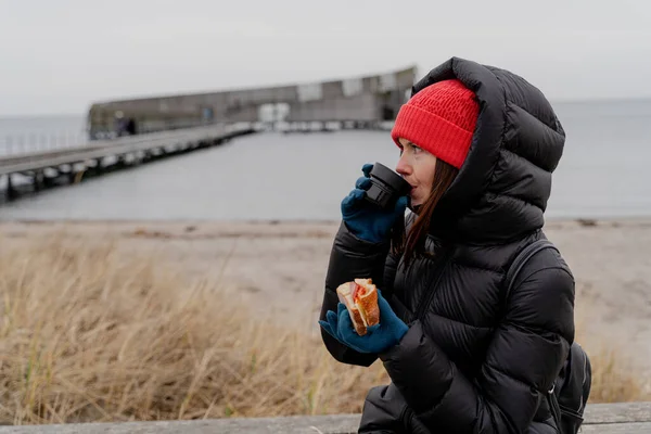 Food Woman Eats Sandwich Drinks Hot Drink Denmark — Zdjęcie stockowe