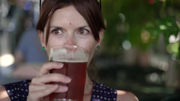 Alcohol Woman Drinks Glass Cold Beer — Vídeo de stock