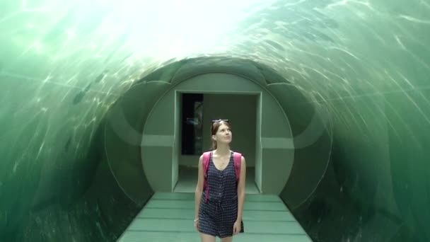 Pool Woman Walks Glass Lined Tunnel — Stock Video