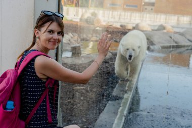 Polar bear. A woman looks at a polar bear in a zoo.