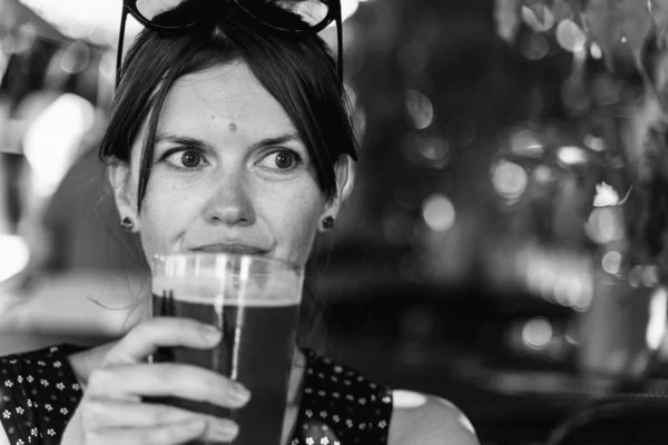 Alcohol Woman Drinks Glass Cold Beer — Zdjęcie stockowe