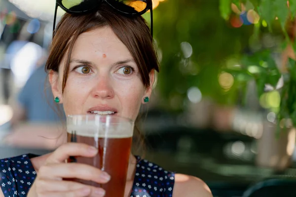 Alcohol Woman Drinks Glass Cold Beer — Stockfoto