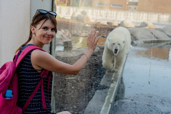 Isbjörn Kvinna Tittar Isbjörn Ett Zoo — Stockfoto