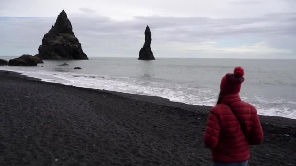 Κορίτσι Περπατάει Κατά Μήκος Της Μαύρης Παραλίας Ισλανδία — Αρχείο Βίντεο