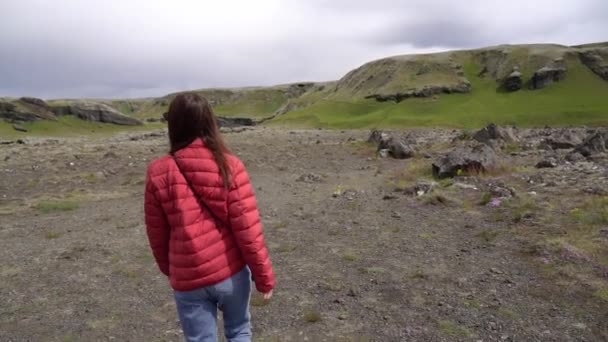 Chica Está Caminando Por Camino Pintoresco Islandia — Vídeo de stock