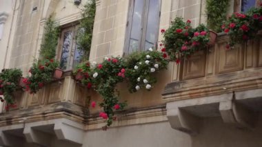 Taze çiçeklerle dolu güzel bir balkon yüzü. İtalya. Torino. 