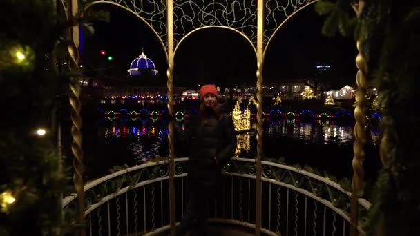 Noel Eğlence Parkı Akşamları Çardakta Bir Kadın Dikiliyor — Stok video