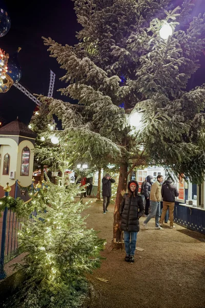 Kerst Pretpark Een Vrouw Loopt Onder Een Kerstboom — Stockfoto