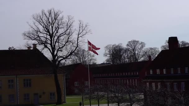 丹麦国旗 城市中升起的丹麦国旗 — 图库视频影像