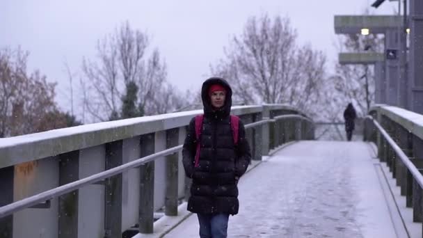 Снежный День Женщина Ходит Мосту Снежную Погоду — стоковое видео