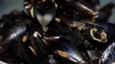 Kabukta kızarmış midye. Soslu midyeler. Yakın plan..