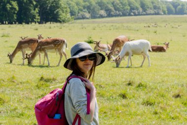 Geyiklerle park et. Bir kadın geyikli bir çayıra bakar..